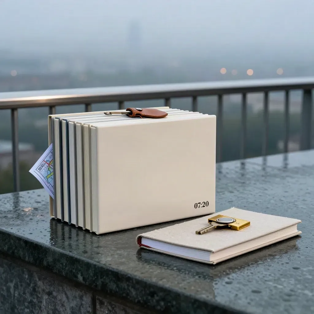 Ivory hotel guide bundle on rain-slick stone at misty dawn with brass accents
