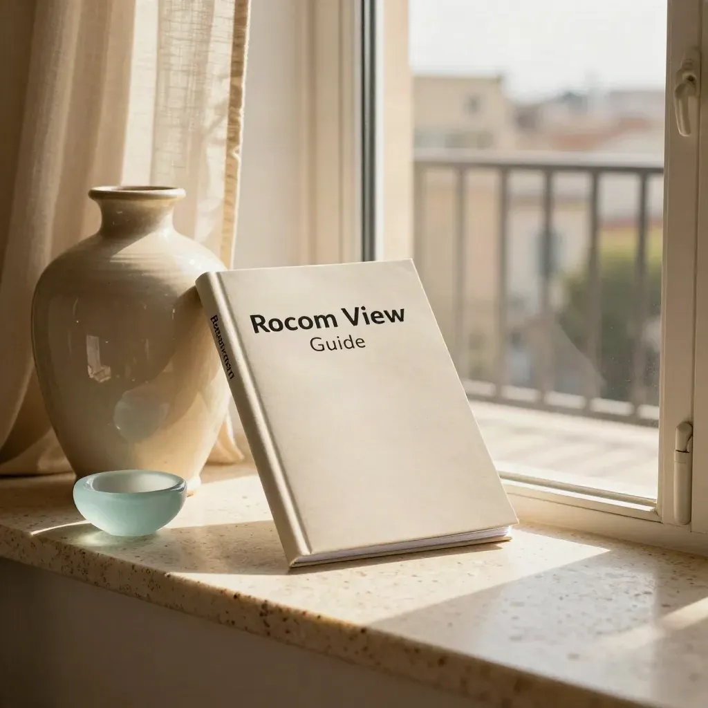 Hotel guide booklet beside a vase, curtain and sea-glass bowl in warm balcony light