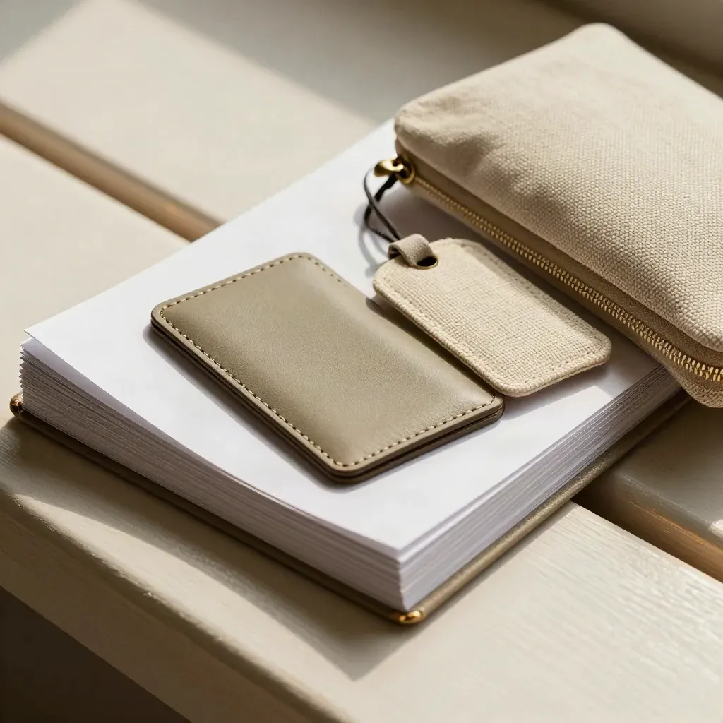 Travel booklet stack with pouch and transit sleeve on a pale bench in soft daylight.