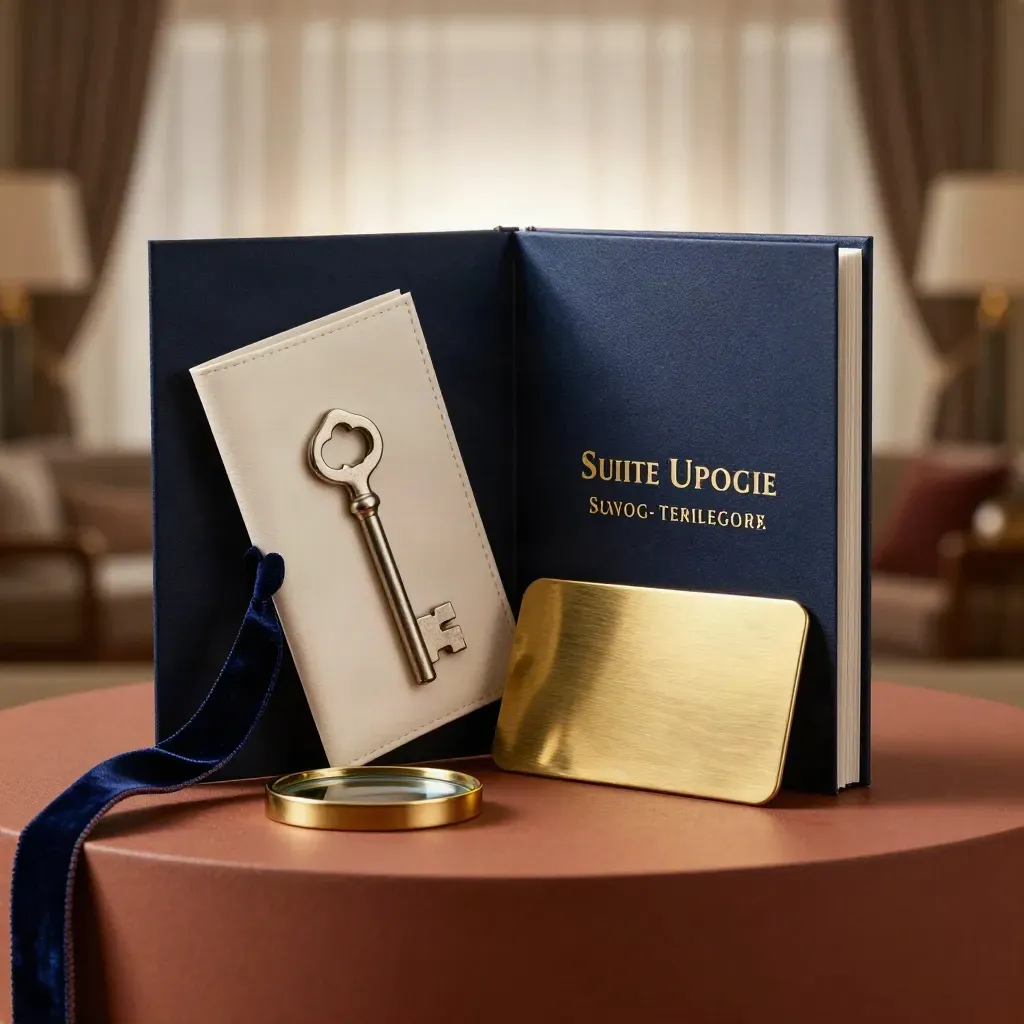 Navy suite-upgrade booklet with brass holder and velvet ribbon on a terracotta plinth