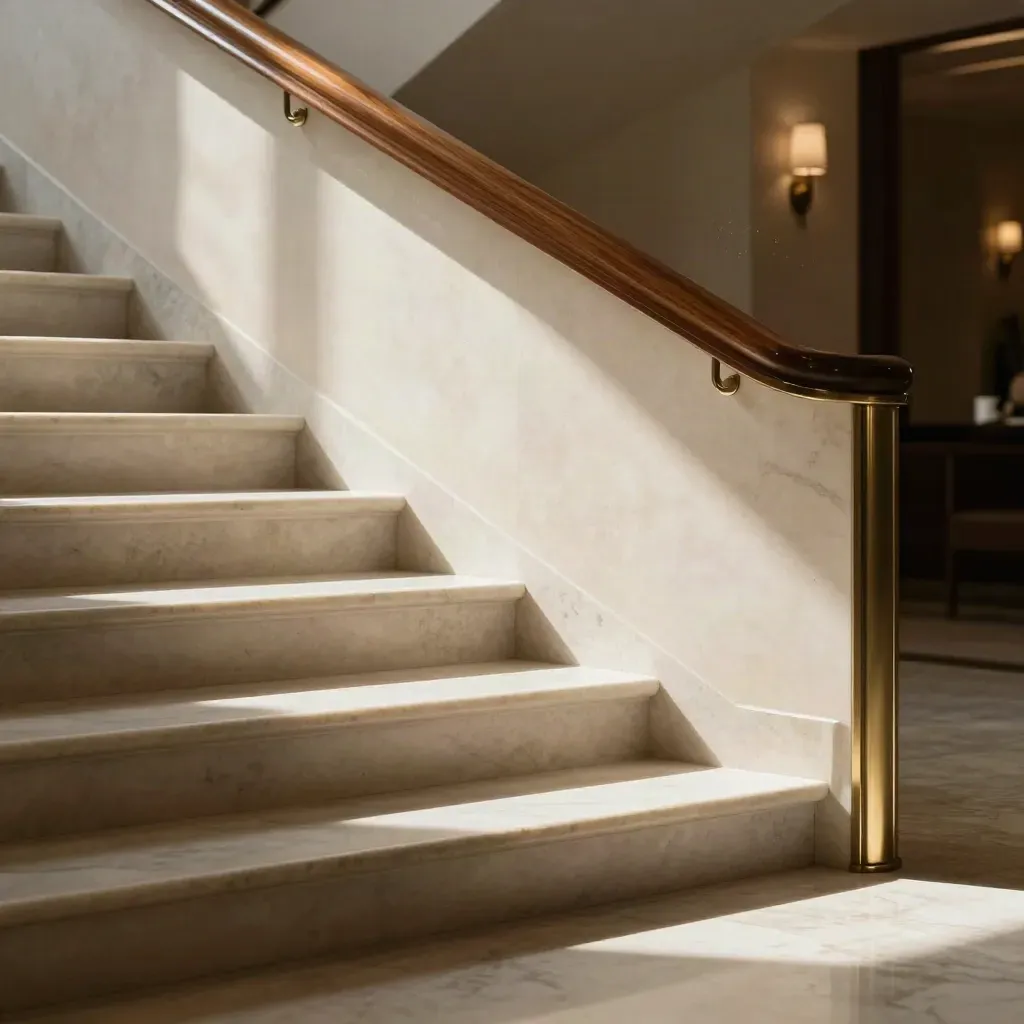 Sunlit marble hotel stair landing with brass rail and soft bokeh in a calm neutral interior.